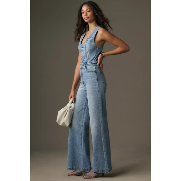 NWT Pistola Aria in Essence Fitted Vest Wide Leg Heavyweight Denim Jumpsuit L - Picture 6 of 11